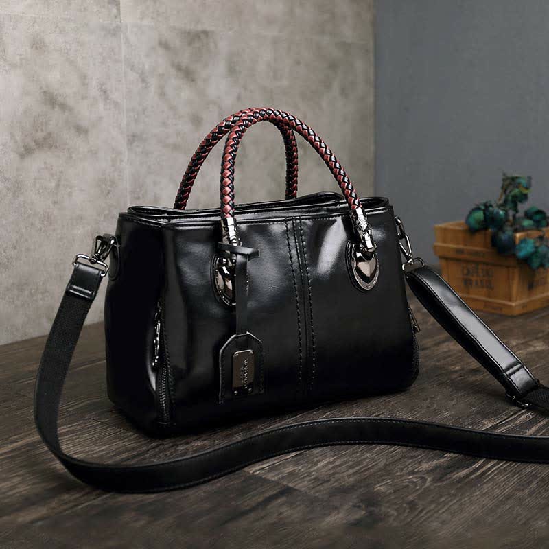 Retro Triple Compartment Woven Top Handle Satchel Handbag Crossbody Bag