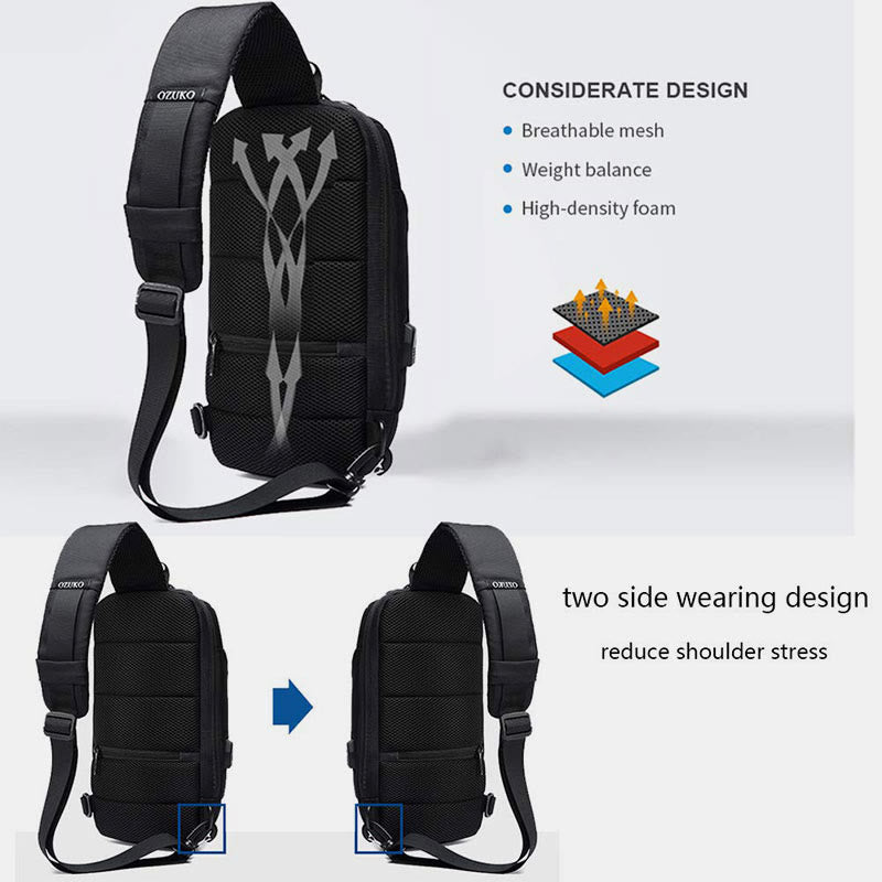 Multi-Pocket Fashion Sling Bag Chest Bag with Passport Lock USB Charging Port