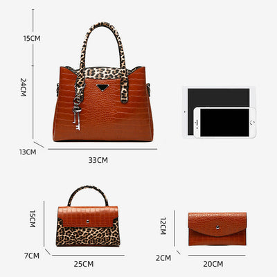 Crocodile Leopard Grain Leather Tote For Women 3 Piece Bag Set