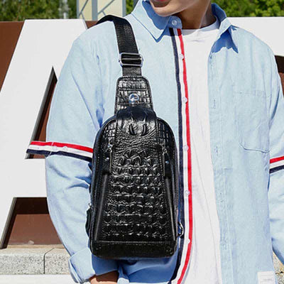 Crocodile Pattern Fashion Cowhide Leather Luxury Sling Bag for Men