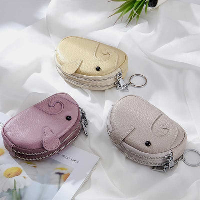 Genuine Leather Cute Elephant Coin Purse Zip Change Wallet Pouch