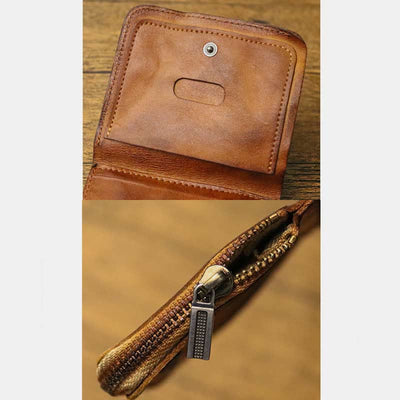 Leather Wallet For Men Double Folding Vintage Short Zipper Purse