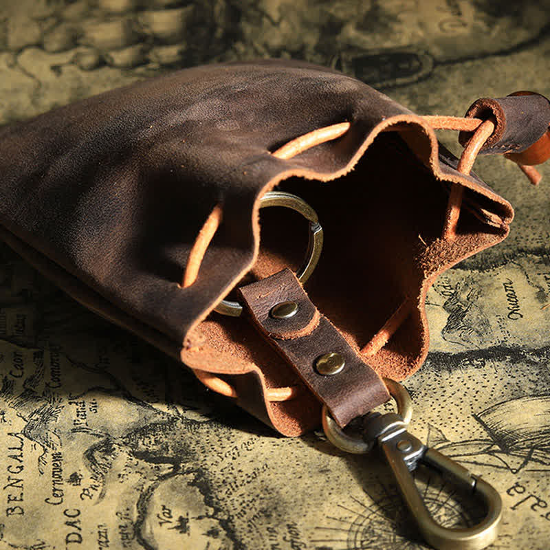 Vintage Coin Purse Genuine Leather Pouch Wallet Drawstring Storage Bag