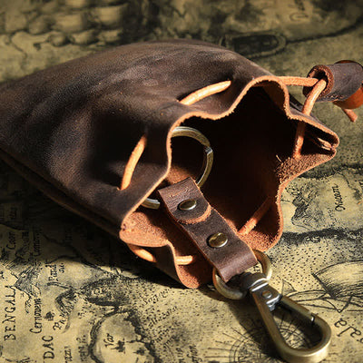 Vintage Coin Purse Genuine Leather Pouch Wallet Drawstring Storage Bag
