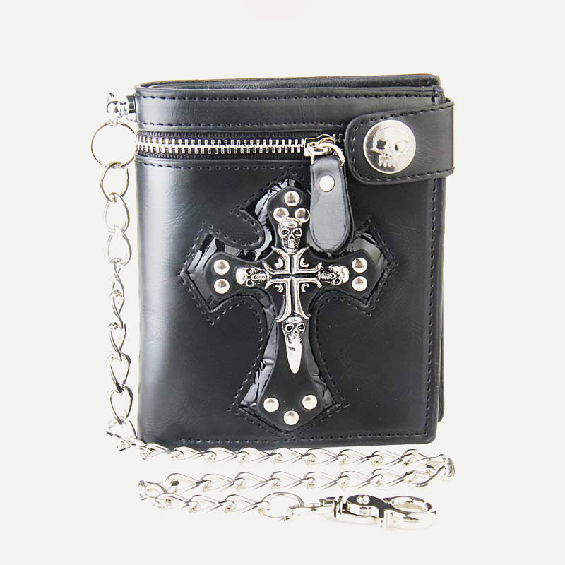 Mens Gothic Skull Cross Leather Punk Wallet with Long Metal Chain