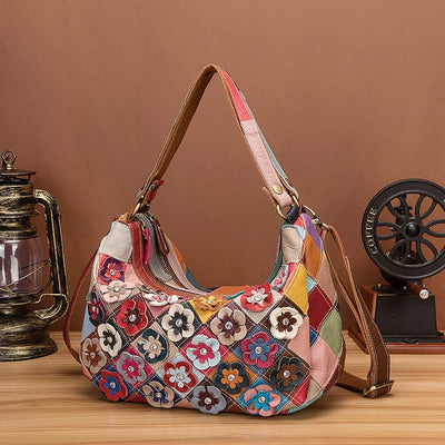 Multi-Color Floral Genuine Leather Boston Bag Hobo Tote Handbag Crossbody Bag