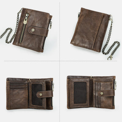 Men's Genuine Leather RFID Blocking Bifold Wallet with Anti-theft Chain