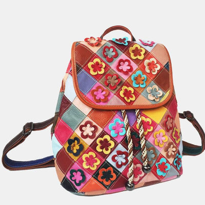 Genuine Leather Colorblock Floral Backpack Drawstring Purses