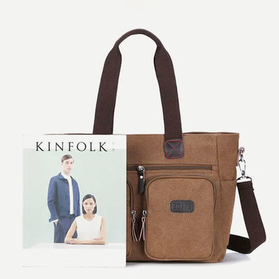 Multi-Pocket Tote Handbag for Women Men Retro Canvas Laptop Bag