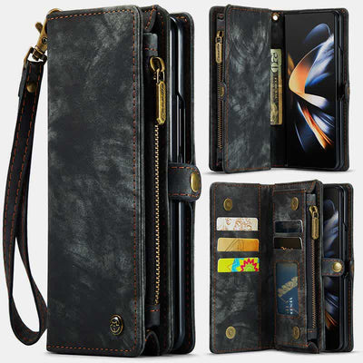 Durable Leather Magnetic Wallet Case for Z Fold 4 with Wrist Strap