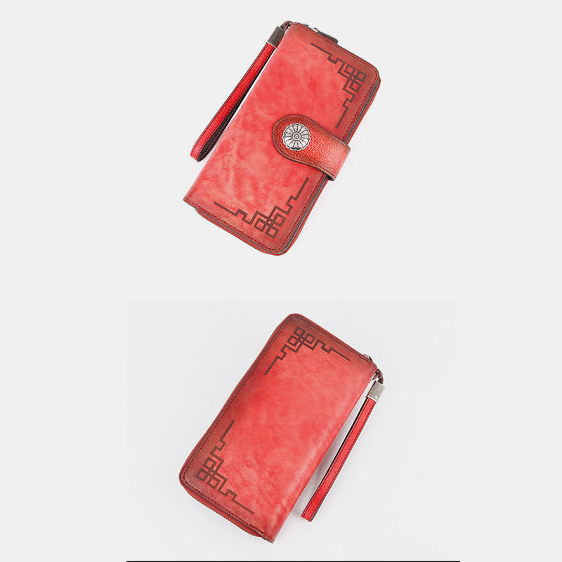 Genuine Leather Clutch Zipper Long Cellphone Wallet Purse with Removable Wristlet