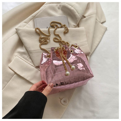 Evening Bag For Party Crocodile Pattern Sparkly Leather Bucket Bag