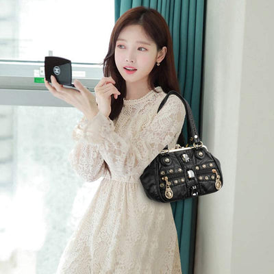Retro Double Layer Kiss-Lock Shoulder Handbag Party Evening Purse with Crossbody Chain