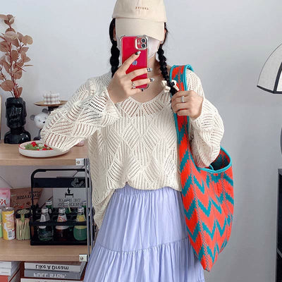 Wavy Stripe Tote For Women College Student Shoulder Bag