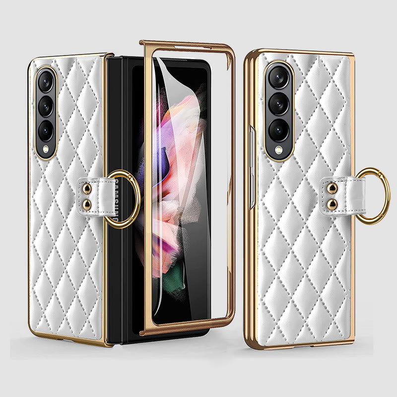 Phone Case For Galaxy Fold 4 Quilted Rhombic Ring Protective Case
