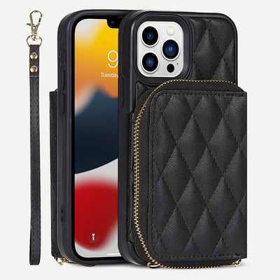 iPhone Phone Case Quilted Leather Wallet Case Card Holder with Crossbody Strap