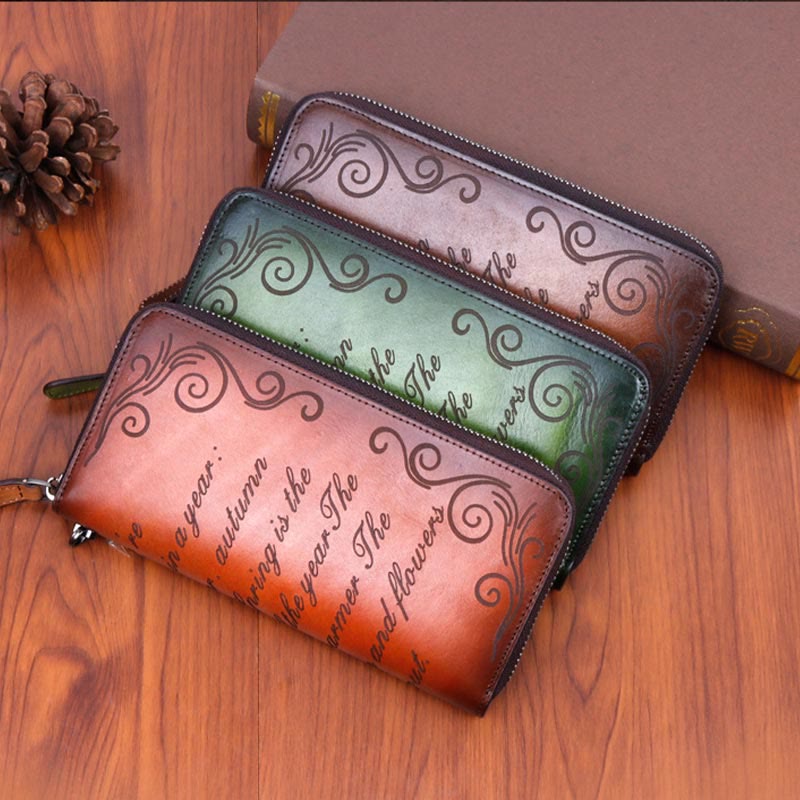Wallet for Women Vintage Genuine Leather Printing Daily Shopping Handbag