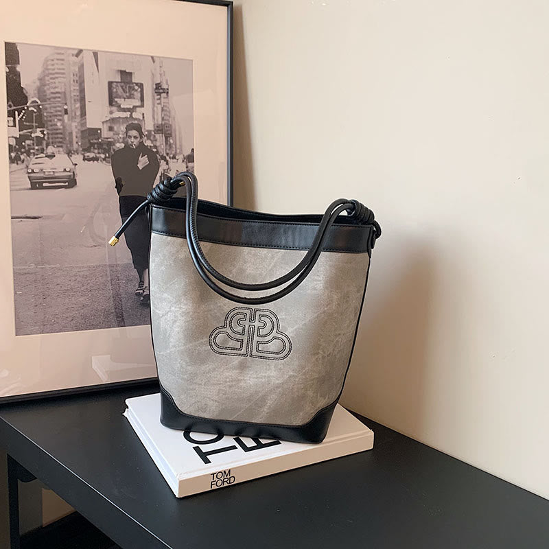 Vintage Bucket Bag For Women Vegan Leather Underarm Tote