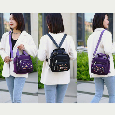 Multi-Compartment Waterproof Embroidery Floral Backpack Daypack Crossbody Bag