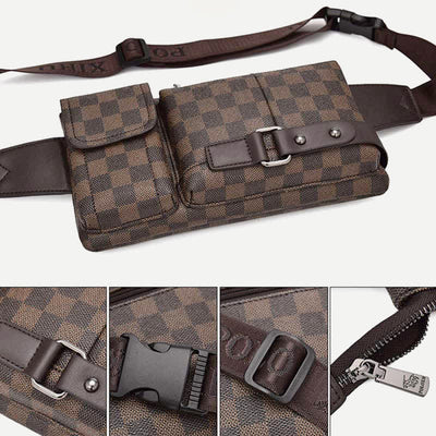 Waist Bag for Men Leather Plaid Travel Sling Bag Chest Bag