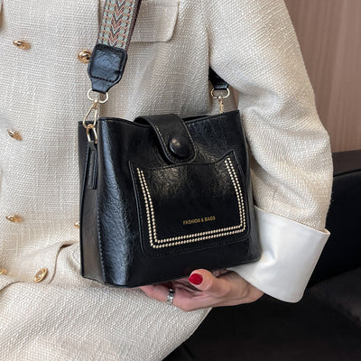 Women Wide Strap Bucket Bag solid Color Elegant Crossbody Bag