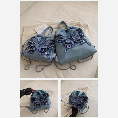 Denim Canvas Backpack For Women Butterfly Multiple Carry Daypack