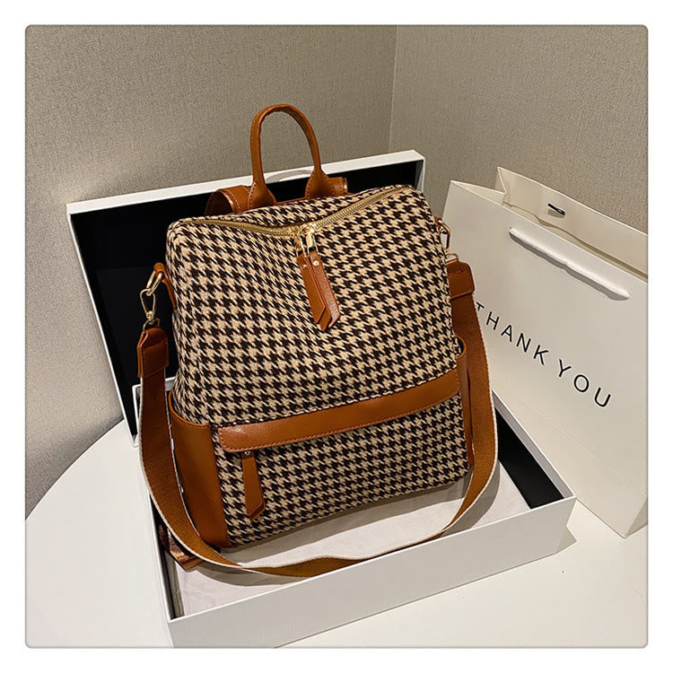 Oil Paintng Canvas Backpack Retro Houndstooth Large Student Daypack
