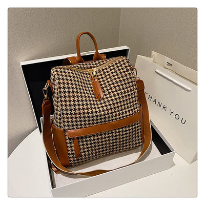 Oil Paintng Canvas Backpack Retro Houndstooth Large Student Daypack
