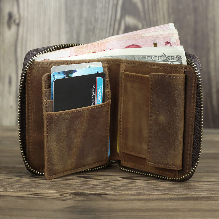 Retro Leather Wallet Multifunctional Small Zipper Purse For Men