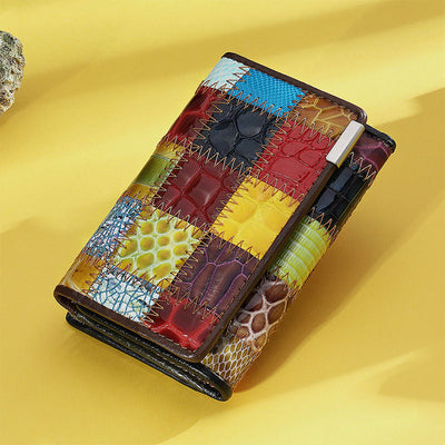 Genuine Leather Splicing Color Block Wallet Trifold Long Purse