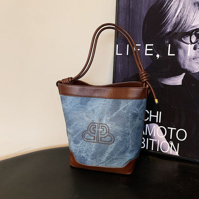 Vintage Bucket Bag For Women Vegan Leather Underarm Tote