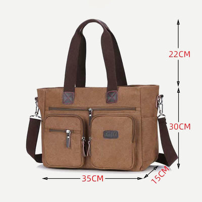 Multi-Pocket Tote Handbag for Women Men Retro Canvas Laptop Bag