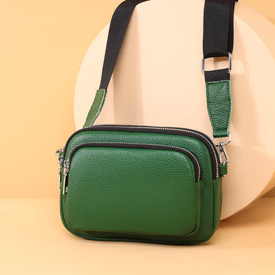 Triple Zip Genuine Leather Crossbody Bag Casual Travel Purse