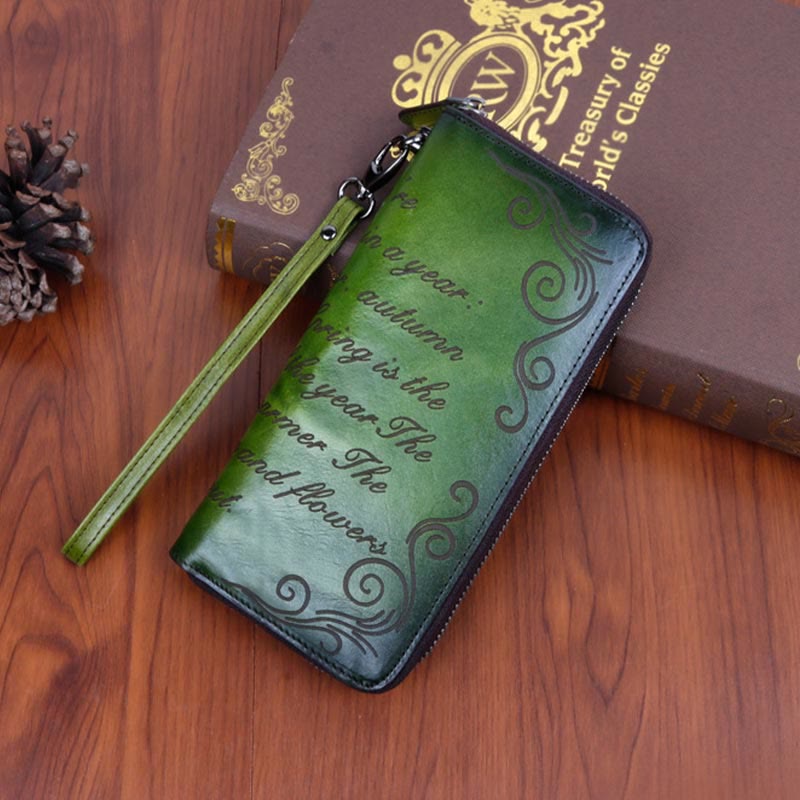 Wallet for Women Vintage Genuine Leather Printing Daily Shopping Handbag