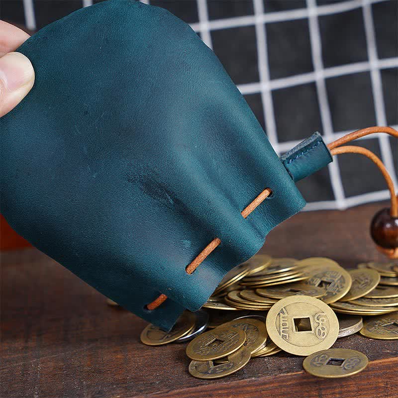 Leather Drawstring Pouch Retro Coin Purse Wallet for Women Men