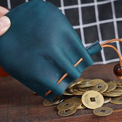 Leather Drawstring Pouch Retro Coin Purse Wallet for Women Men