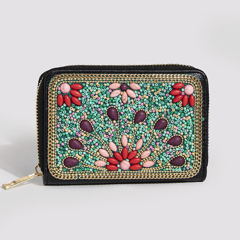 Bohemian Wallet For Women Butterfly Flower Pattern Zipper Purse