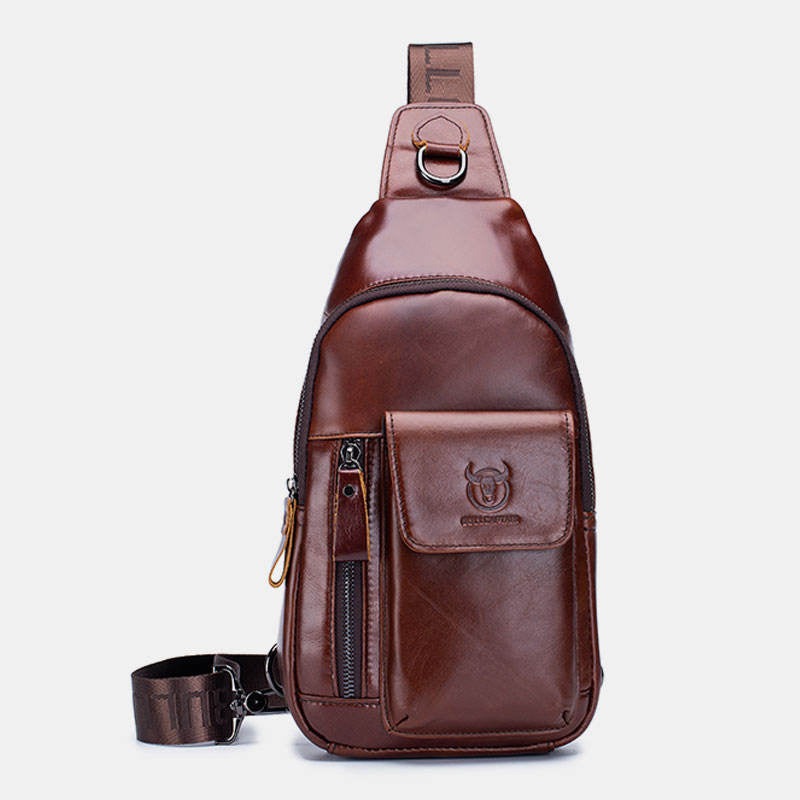 Genuine Leather Sling Chest Bag with Earphone Hole