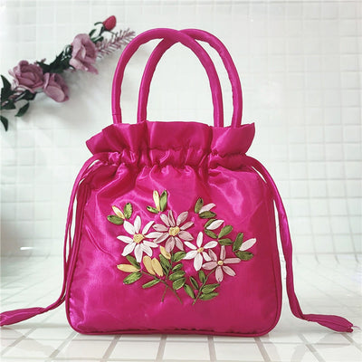 Embroidery Floral Clutch Drawstring Bucket Bag Handbag Party Bag
