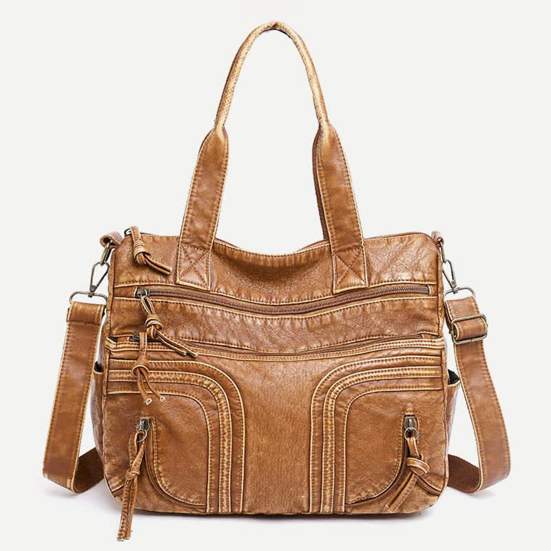 Retro Faux Leather Tote Handbag for Women Shoulder Bag with Crossbody Strap