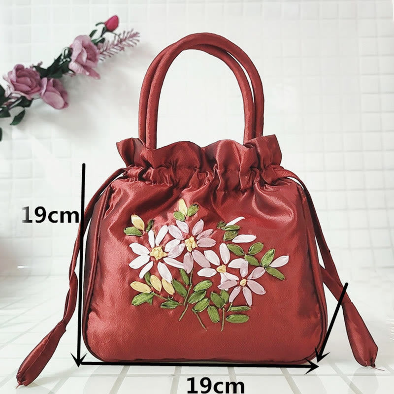 Embroidery Floral Clutch Drawstring Bucket Bag Handbag Party Bag