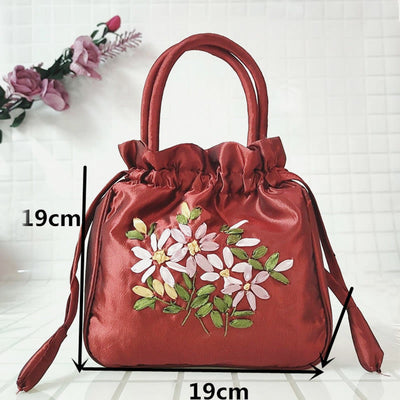 Embroidery Floral Clutch Drawstring Bucket Bag Handbag Party Bag