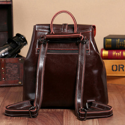 Classic Daypack For Women Outing Drawstring Clamshell Leather Backpack