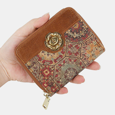 RFID Multi-Slot Genuine Leather Vintage Printing Short Wallet Card Holder