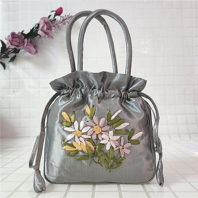 Embroidery Floral Clutch Drawstring Bucket Bag Handbag Party Bag