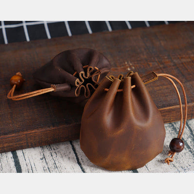 Leather Drawstring Pouch Retro Coin Purse Wallet for Women Men