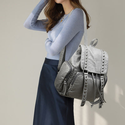 Rivet Backpack For Women Travel Soft Plain Color Leather Daypack