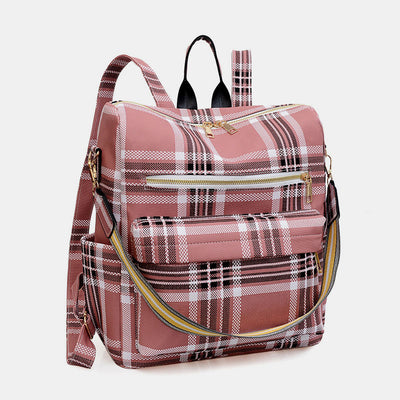Multifunciton Casual Women Rucksack Daypack Leather Plaid Backpack With Shoulder Strap