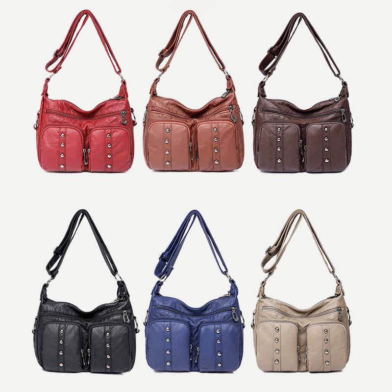 Mulit-Pocket Crossbody Purse for Women Retro Rivets Leather Shoulder Handbag
