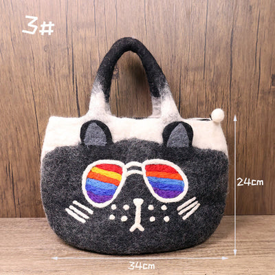 Handmade Funny Cat Wool Felt Handbag Cute Tote Hobo Bags